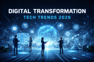 Digital Transformation Tech Trends 2026 banner showing futuristic business technology, AI, cloud computing, and smart city innovation